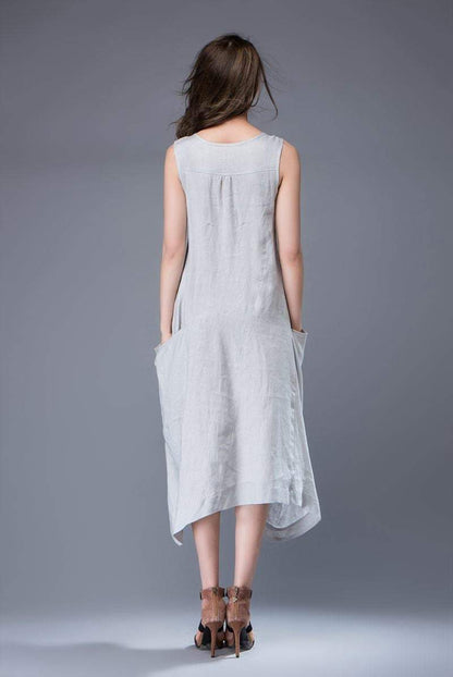 Gray Linen Dress - Sleeveless Asymmetrical Pale Grey Feminine Summer Dress with Large Pockets C889
