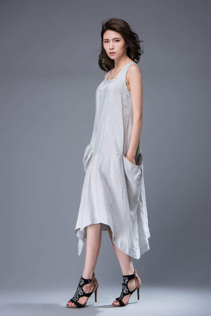 Gray Linen Dress - Sleeveless Asymmetrical Pale Grey Feminine Summer Dress with Large Pockets C889