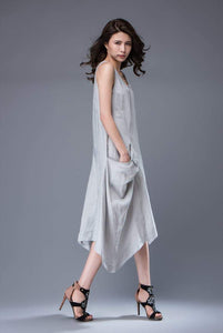 Gray Linen Dress - Sleeveless Asymmetrical Pale Grey Feminine Summer Dress with Large Pockets C889