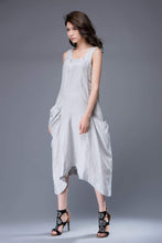 Load image into Gallery viewer, Gray Linen Dress - Sleeveless Asymmetrical Pale Grey Feminine Summer Dress with Large Pockets C889
