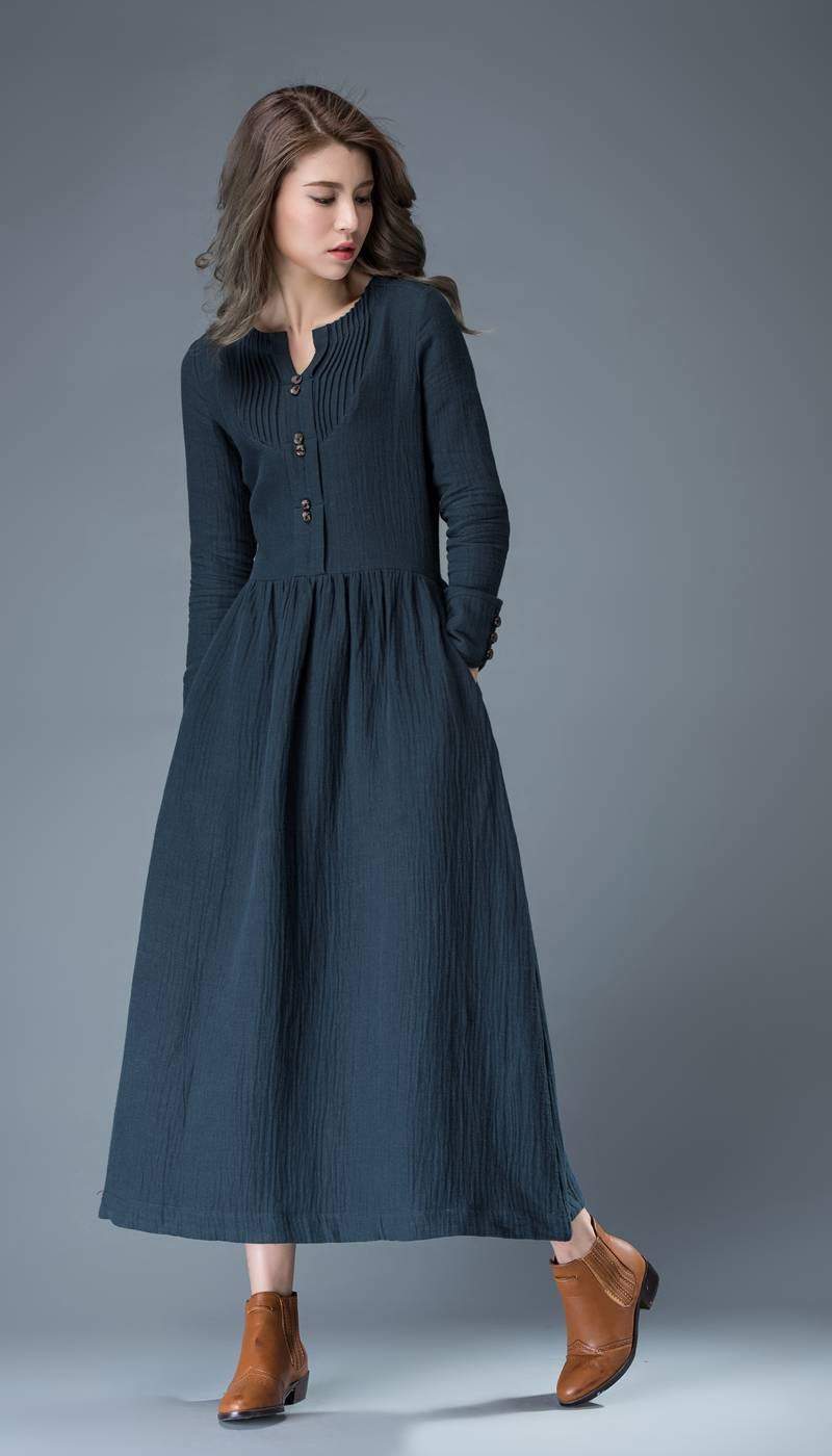 linen navy blue dress Navy Blue Cotton Linen Open-Back Fit and Flare Knee Length Dress 44" / Regular (5'2"