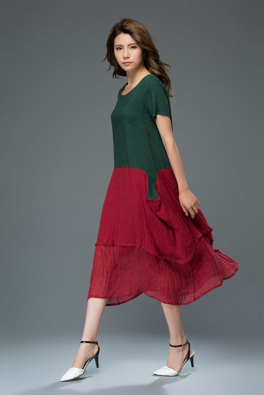 Asymmetrical block color plus size linen dress C924