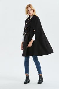 Black Elegant Wool Cape Coat C1322