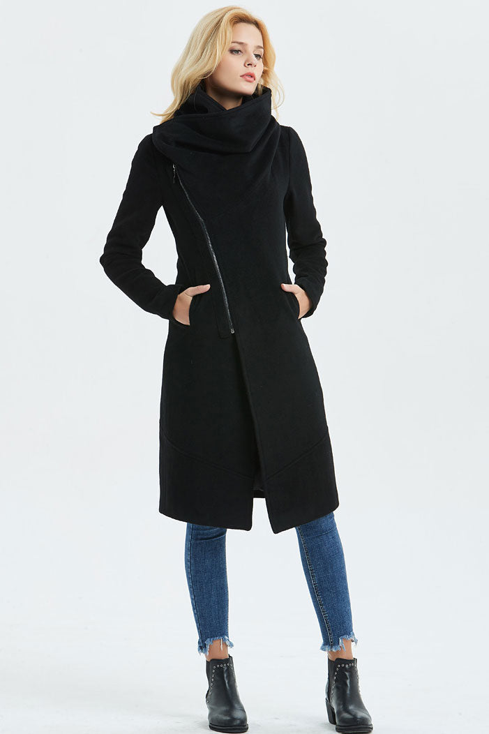 Black Asymmetrical Warm Wool Coat C1327