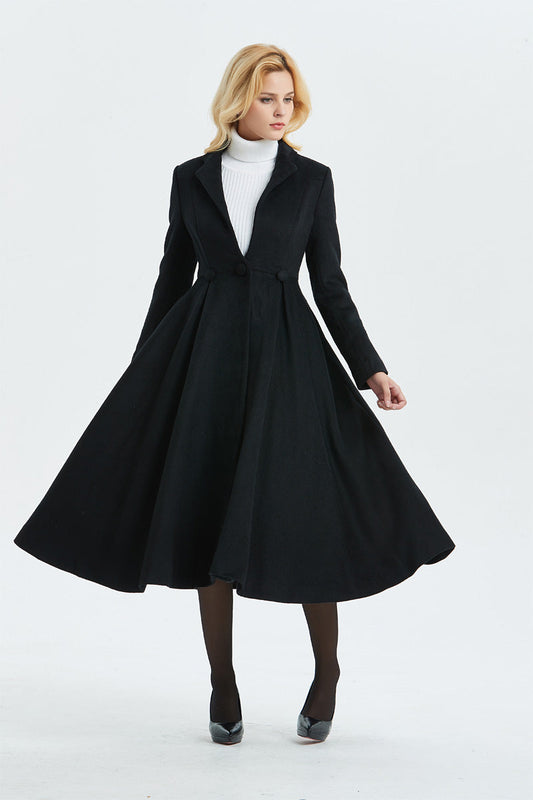 Women's Long Black Wool Coat C1338