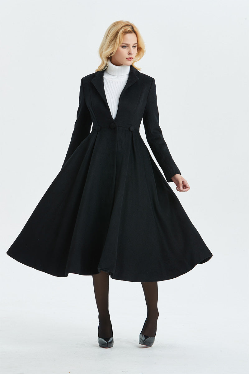 Women's Long Black Wool Coat C1338#